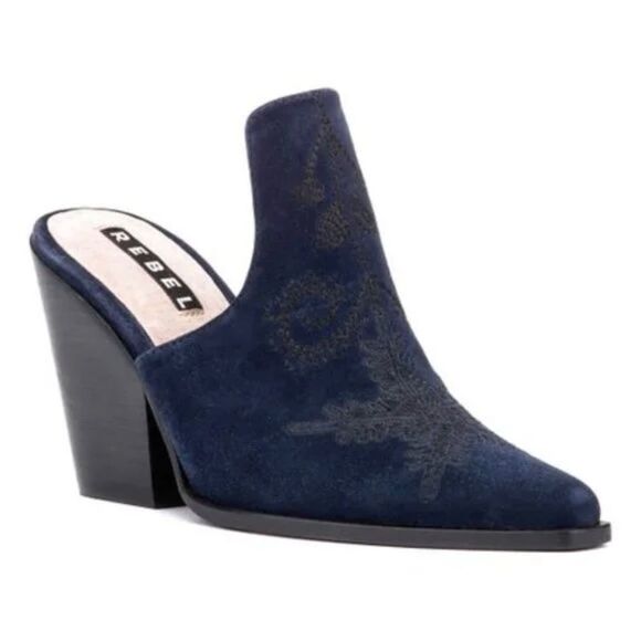 Rebel Ava Navy Suede Embroidered Chunky Heel Mules Sz 7 WIDE WIDTH - Picture 1 of 7